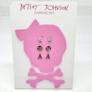 Betsey Johnson Emoji Initial A & CZ Rhinestone 3 Pair Stud Earring Set NEW NWT